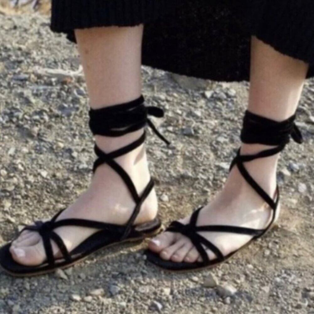 Dôen Black Velvet Lace Up Flat Sandals 6